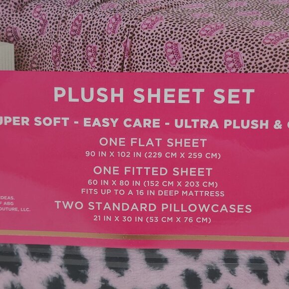 Juicy Couture Queen Plush Sheet Set Leopard & Logo Crown Print Purple Pink - Picture 5 of 10